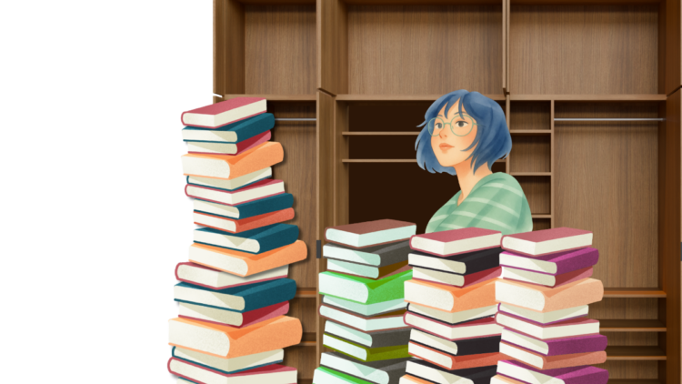 Female standing behind piles of books