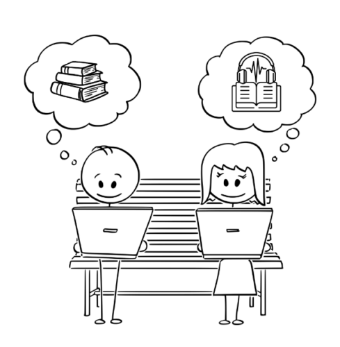 two stick figures searching for material on laptops