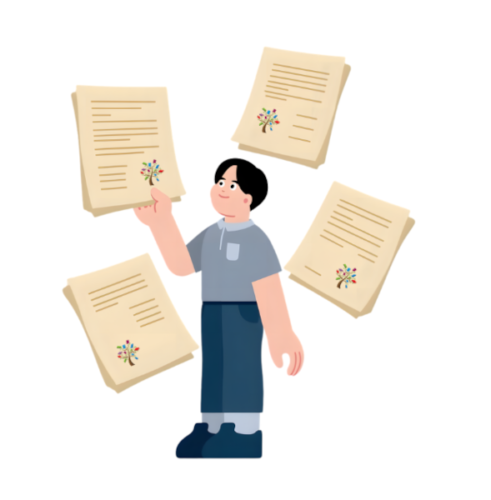 stylized person surrounded by policies