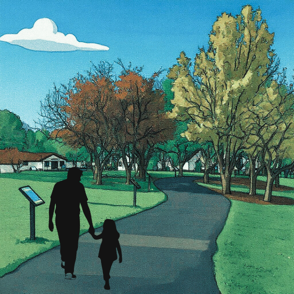 silhouette of adult and child walking the storywalk