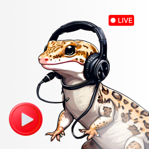 cartoon leopard gecko wearing a headset and live streaming