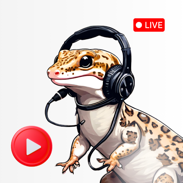 cartoon leopard gecko wearing a headset and live streaming
