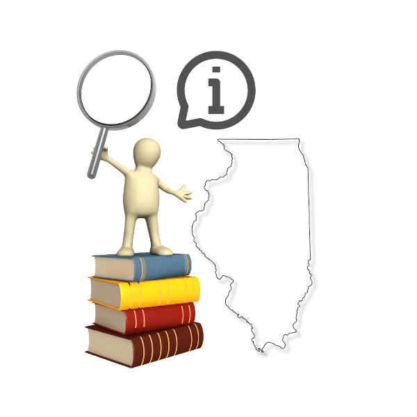 humanoid figure with magnifying glass standing on a pile of books and the outline of Illinois