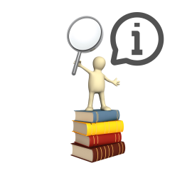 humanoid figure with magnifying glass standing on books