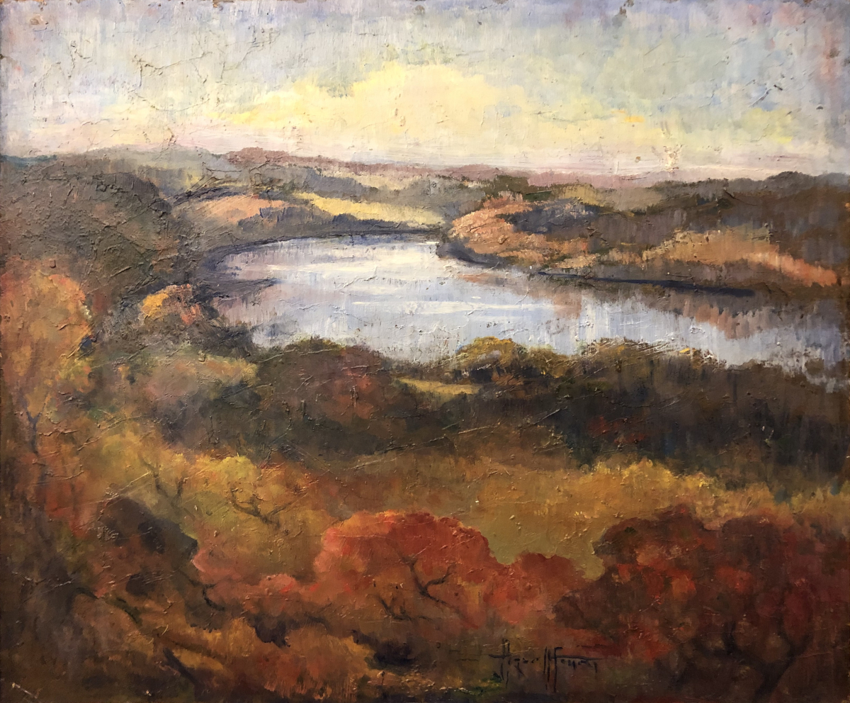 Agnes Howell Ferguson, “View along Rock River,” Oil on Board, c. 20th Century