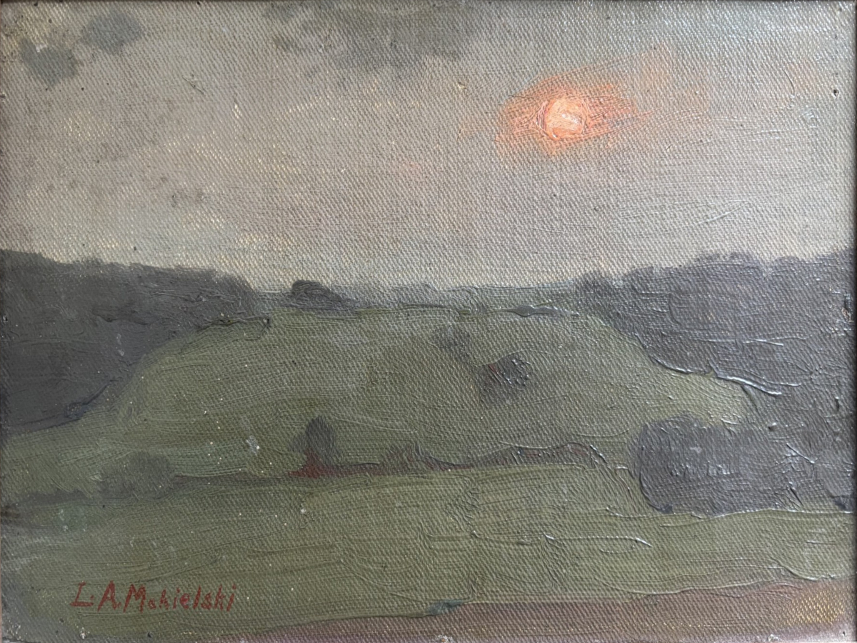 Leon A. Makielski, “Setting Sun During Forest Fires” Oil on Cardstock, 1908